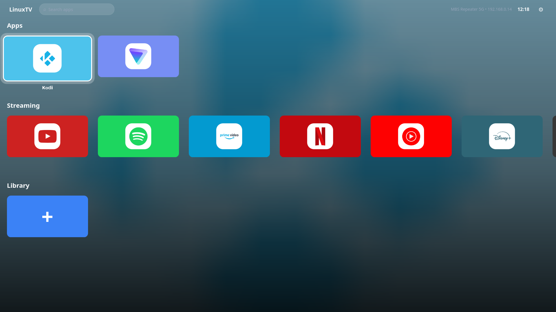 LinuxTV home screen with large app tiles