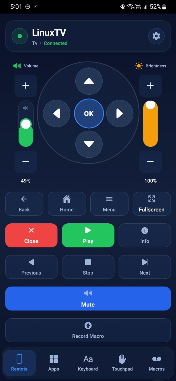 LinuxTV Remote app on a phone